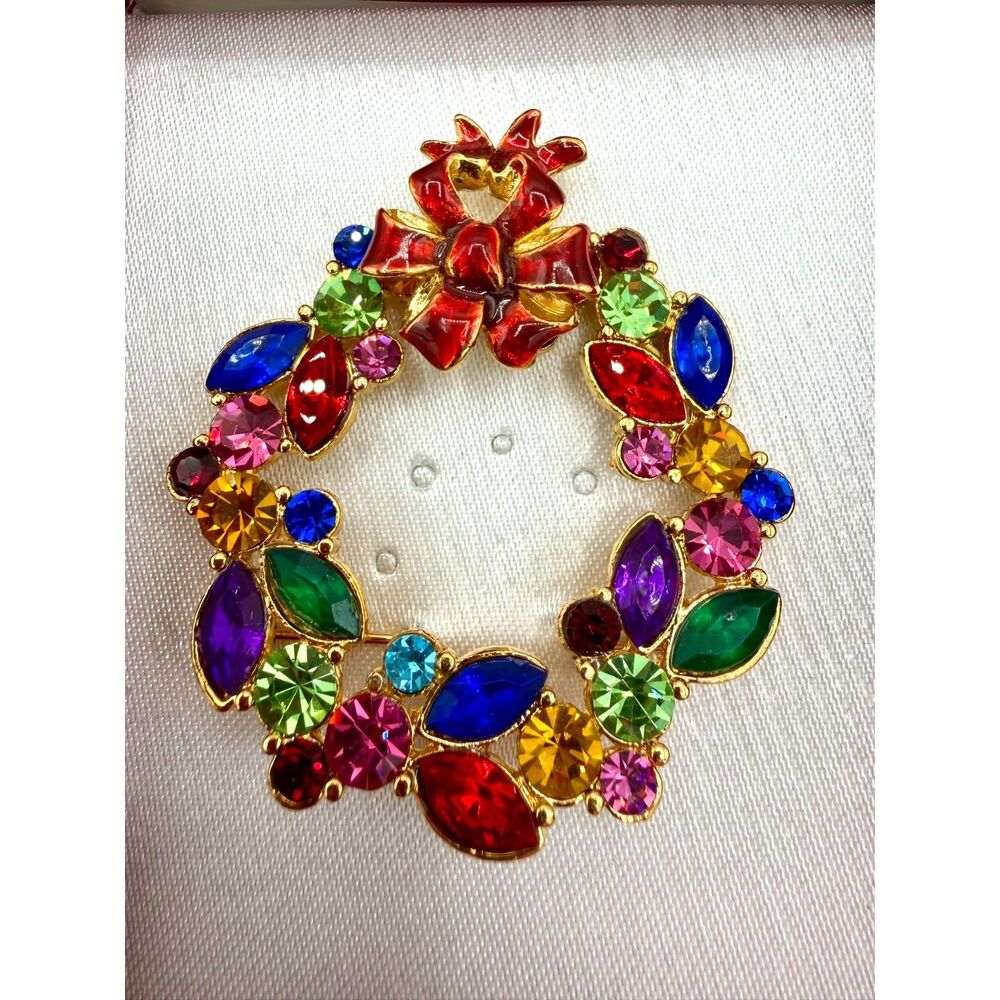 Vintage Christopher Radko Rhinestone Enamel Christmas Wreath Brooch NIB
